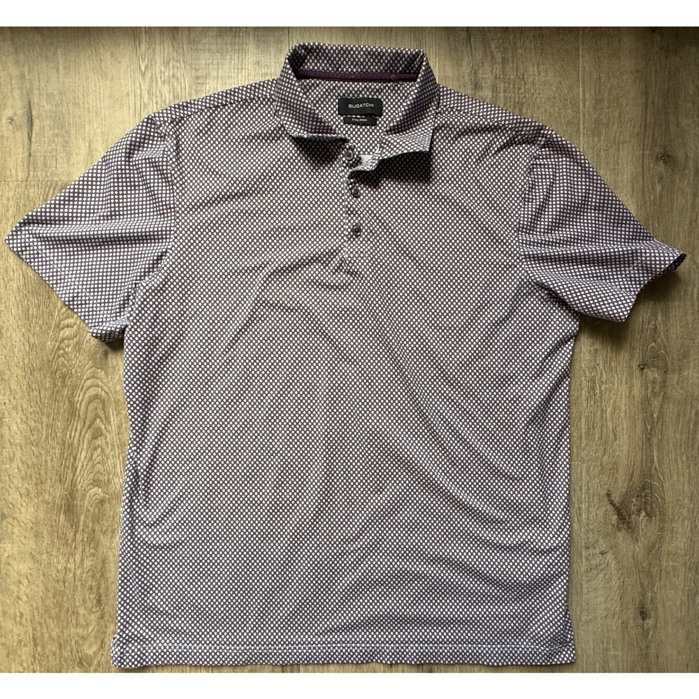Bugatchi Uomo Mens Large Burgundy Geometric 8 Way Stretch Short Sleeve Polo